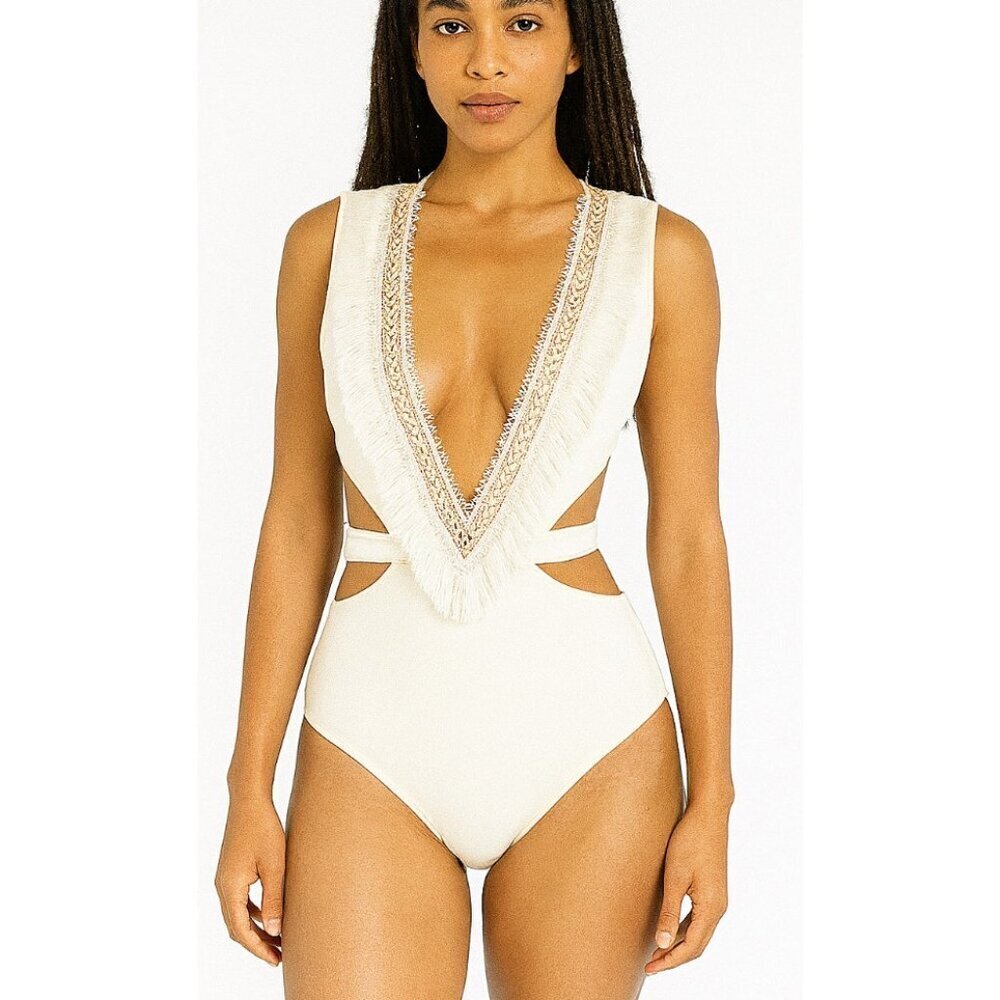 V Neck Tassel Cut Out One Piece Swimsuit New side cut out cream fringe V-Neck MD